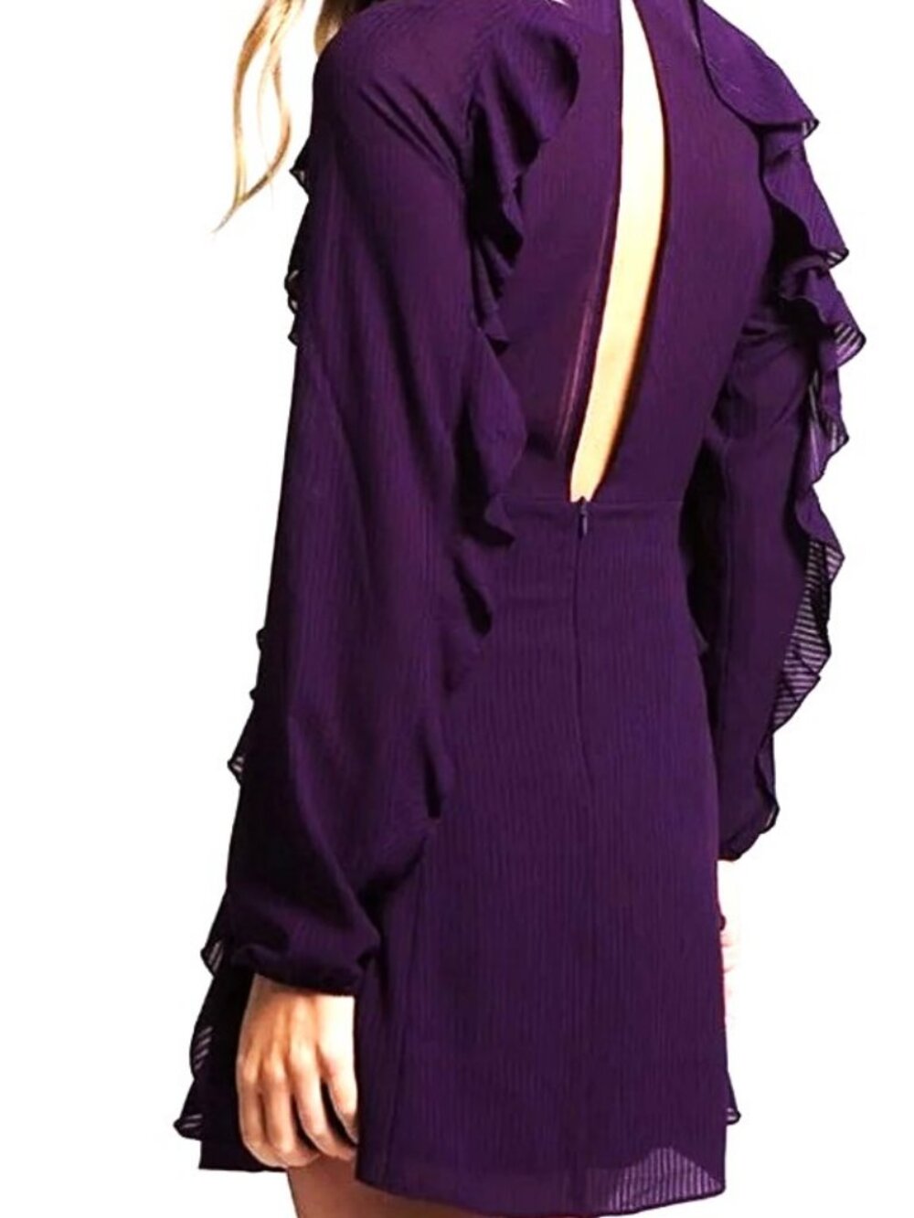 Fanco Plum Purple Chiffon Ruffle Mini Dress Sheer Long Sleeve NWT